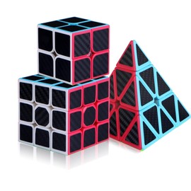 Magic Cube Set Speed Cube 2 x 2 + 3 x 3 + Pyramid, 3-in-1 Various Playing Options, Professional, Smoothing, Strong and Durable, Exquisite Packaging Box, Suitable for Gifts Children (Carbon Fibre)