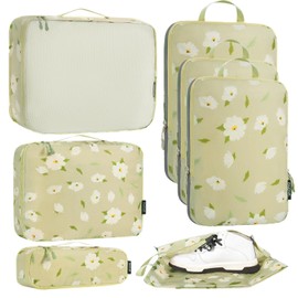 Bagail - Juego de 7 cubos de embalaje ultraligeros, 3 cubos de embalaje de compresión, 3 organizadores de embalaje con 1 bolsa de zapatos, La flor, Large, Patrón de tela