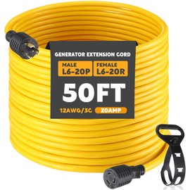 Tellegloww 50ft L6-20 Generator Extension Cord Compatible with NEMA L6-20P Male Plug to L6-20R Female Receptacle 3 Prong 20 Amp Locking Power Cord, STW 12 AWG/3C,250 Volt 5000 Watts, ETL Listed