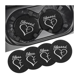 AICEL 4 Pack Car Cup Coasters, 2.75 Inch Soft PVC Car Cup Holder Insert Coaster, Blessed Cross and Heart Christian Anti Slip Shockproof Drink Mat, Universal Vehicle Interior Accessories (Black)