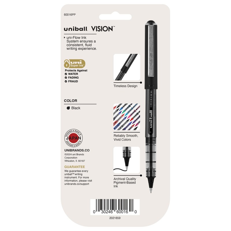 uniball Vision Rollerball Pens, Micro Point (0.5mm), Black, 4 Pack