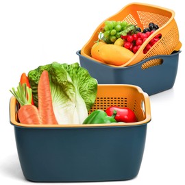 Jucoan Juego de 2 coladores de cocina grandes de 9 y 8 cuartos de galón, cesta de plástico de doble capa para lavar frutas y verduras, cuencos de dren