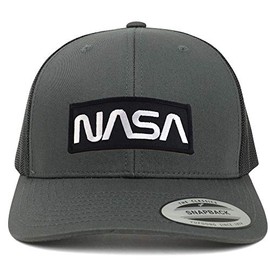 Armycrew NASA Black White Worm Patch Oversized XXL Retro Fit Trucker Mesh Cap - Charcoal - XXL