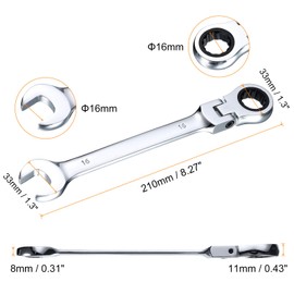 HARFINGTON 2pcs Flex-Head Ratcheting Wrench 16mm 180° Rotating Head Metric Ratchet Combination Wrenches 72-Teeth Chrome Vanadium Steel Open End Ratchet for Fasteners Nut Bolt