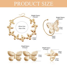 TTPSRY 4 Piece Jewellery Set Women Girls Oversized Butterfly Jewellery Set Necklace Earrings Ring Bracelet Set Wedding Party, Alloy Steel