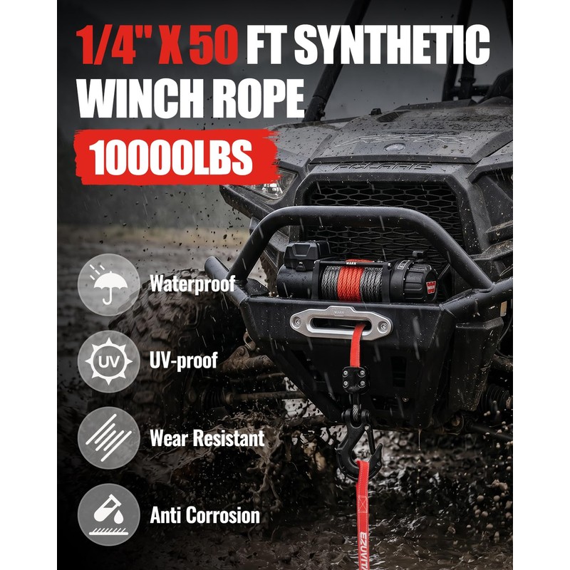 EZUVITA 1/4" x 50ft Synthetic Winch Rope Kit