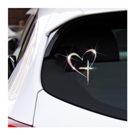 Sandfren Love Cross Car Sticker, 4.7" x 5.9" Bling Love Heart Waterproof Vehicle Window Decal, Self-Adhesive Automotive Bumper Decorative Accessories, Universal for SUV RV Truck (Multicolour)