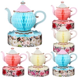 Wettarn 6 Peices Floral Tea Party Decorations Princess Party Tea Honeycomb Tea Party Centerpieces for Tables Spring Summer Birthday Decors 3D Vintage Teapot Vase Decors for Wedding Girls Women