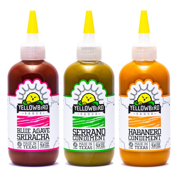 Yellowbird Classic Hot Sauce Variety Set 9.8 oz Pantry Size | Sriracha + Serrano + Habanero (3 Flavors | Made in Texas)