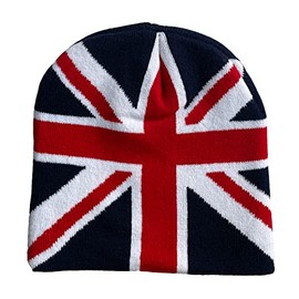 Itzu Union Jack London Knit Winter Beanie Hat Bobble Pom Pom Turn Up in Union Jack No Bobble