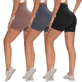 Paquete de 3 pantalones cortos de motociclista para mujer, 8 pulgadas/5 pulgadas, cintura alta, control de abdomen, entrenamiento, yoga, correr, pantalones cortos deportivos, Negro/Gris Oscuro/café
