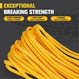 BUNKER INDUST 1/4" x 50FT Synthetic Winch Rope – 9500LB Break Strength, Heavy-Duty ATV/UTV Winch Cable with Protective Sleeve (Yellow, 50FT)