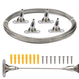 Wkmamo 2 mm x 12 m Stainless Steel Wire Rope, Picture Wire Hanging Set, Heavy Duty, Steel Wire Rope Set, Galvanised Steel Cable, Strand: 12 m + 4 Wire Rope Clips, for Hanging Clothes, Curtain Holds up