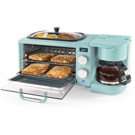 Nostalgia 3-in-1 Retro Breakfast Station - Includes 5 Cup Coffee Maker, Non-Stick Ceramic Griddle, and 4-Slice Toaster Oven - Built-In Timer, Reusable Coffee Filter, Space-Saving Design - Aqua
