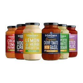 Sonoma Gourmet Pasta Sauce Variety Pack – Non-GMO, No Sugar Added – 6 Chef-Crafted Flavors – 25oz Jars