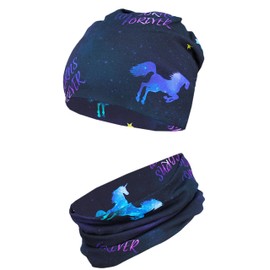 TupTam Girls' Children's Beanie Hat Tube Scarf Set of 2 Autumn Winter Lined Transition Hat with Loop, Jersey two-ply - unicorn purple dark blue