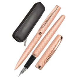 Online Eleganza Diamond Rose Gold Writing Set - Includes Ballpoint Pen, Fountain Pen, Genuine Leather Case - 3 Pieces I in Gift Box
