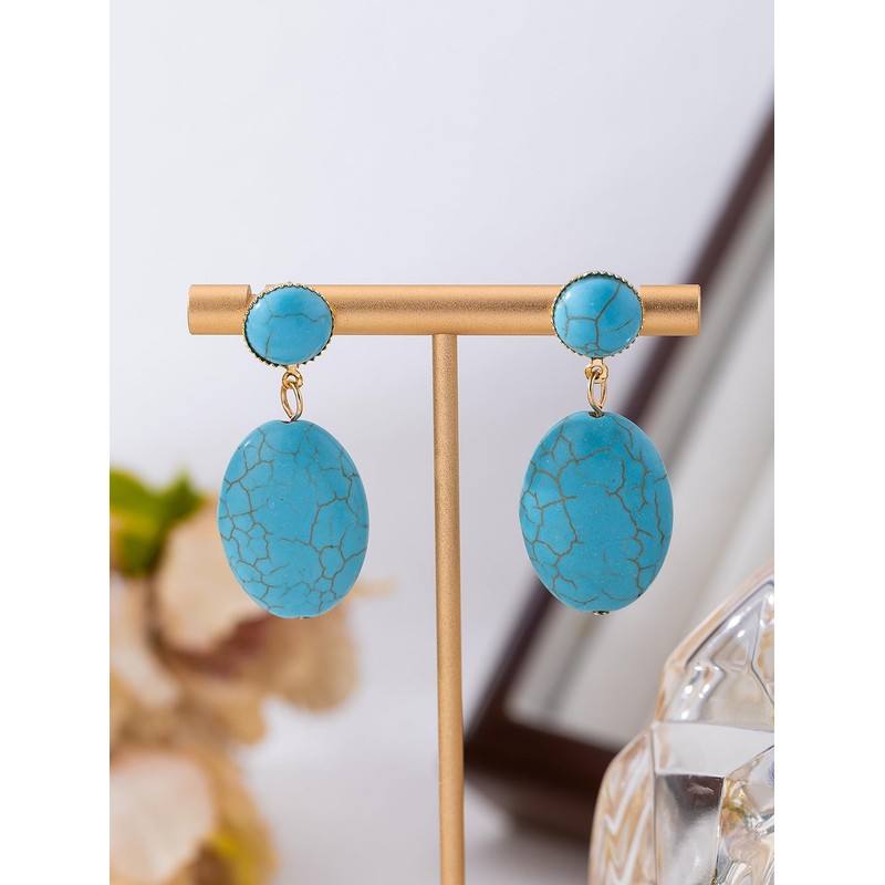 Turquoise Drop Earrings for Women – Clip-On Design with Oval
