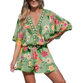 CUPSHE Women's Summer Dresses 2025 V Neck Casual Mini Floral Half Dolman Sleeves Belted Loose Fit Short Beach Dress Grass Green, S