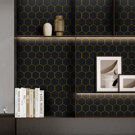 Black Geometric Wallpape Peel and Stick Wallpaper Gold and Black Contact Paper 17.3”×393”Decorative Shelf Draw er Liner Roll Waterproof