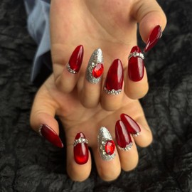 AKA Unicorn Handmade Press On Nails Medium Almond Shape,10Pcs Red Rhine stone Acrylic Fake Nails,Glue On Nail with 3D Charms for Woman Daily Wear&Wedding（Design Concept:Forever Love）