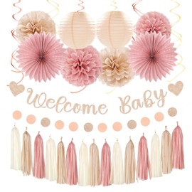 Blush-Pink Rose-Gold Fall Baby-Shower Party-Decorations - 31pcs Welcome Home Banner Sign,Neutral Paper Lanterns,Girl Streamers Garland,Boho Hanging Tissue Pom Poms Flowers Fans Backdrop Decor Burgleda