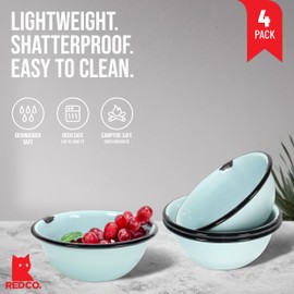 Red Co. Set of 4 Enamelware Metal Classic 20 oz Round Cereal Bowl, Distressed Aqua/Black Rim