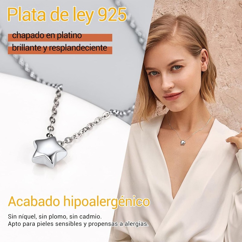 PROSILVER Collar Plata 925 Mujer y Hombre Dije Corazón/Redondo/Estrella/Rectangular Clásico