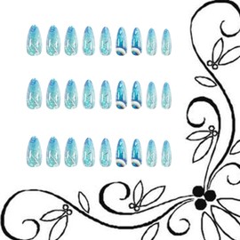TBRZTR 24Pcs Almond Tip Press on Nails Medium Length Blue Smudge False Nail Moon Pattern Design Full Cover Glossy Artificial Stick on Nail Reusable Handmade Glue on Nails for Women