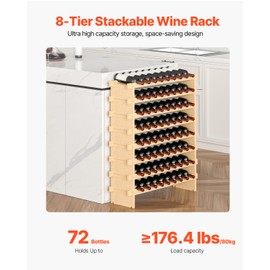 VEVOR Stackable Modular Wine Rack, 8-Tier 72 Bottles, Freestanding Wines Holder Display Shelf, Solid Bamboo Wood Storage Racks, Wobble-Free Shelves for Kitchens, Dining Rooms, Cellars, Natural Color