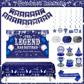 Retirement Party Decorations, 109Pcs Blue Silver Happy Retirement Decorations for Men Women, The Legend Has Retired Backdrop Sash Banner Tablecloth Pompoms Centerpiece Hanging Swirls Balloons