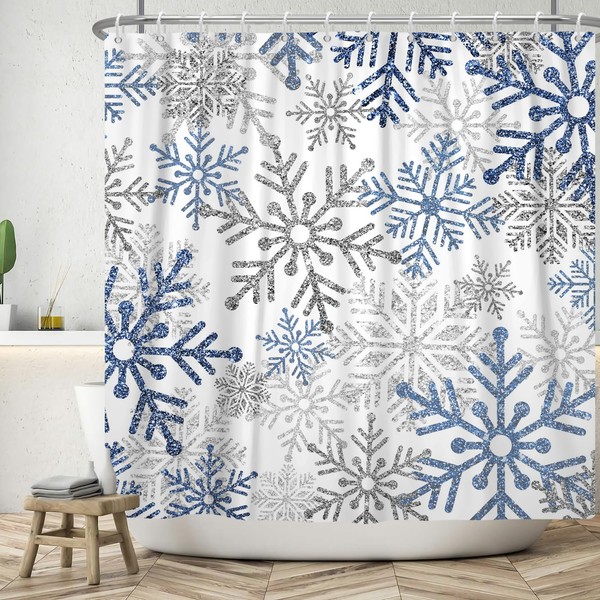 Canessioa Abstract Snowflake Shower Curtain Boho Blue and Grey Snowflakes
