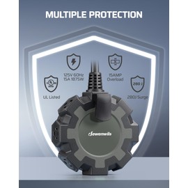 DEWENWILS Industrial Power Strip with 6-Outlet Power Hub, 15FT Heavy Duty Extension Cord for Garage, Workshop, SJTW 14/3 AWG, 15A Circuit Breaker, Swivel Safety Covers, Black, UL Listed