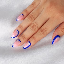 Blue French Tip Press-On Nails with 3D Flower Design, Almond Shaped Fake Nails, Glossy Reusable Stick-On Nails for Women, 24Pcs Full Cover Nail Kit