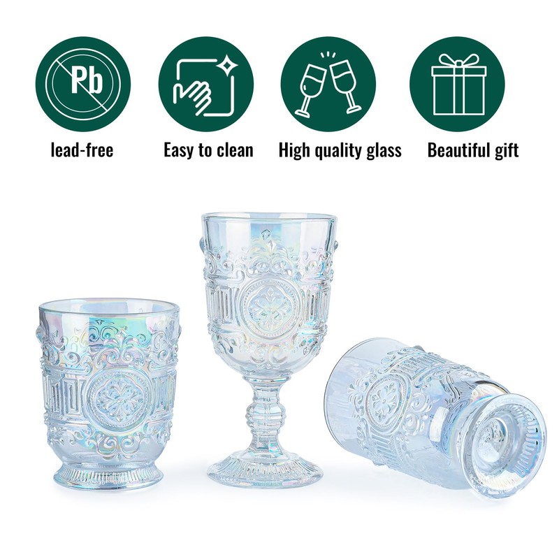 Sungmor Vintage Pressed Glass Goblet Glassware Set of 6, Classic