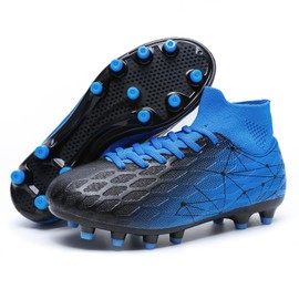 Hanani Boys Girls Soccer Cleats for Kids Football Shoes High Top Training Youth Football Cleats Outdoor/Indoor Athletic Turf Shoes Black Blue