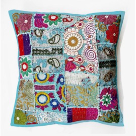 Rastogi Handicrafts Handmade Patchwork Cushion Pillow, Sari Patch Throw Pillow Indian Ethnic Pillow Covers Embroidered Sari Patchwork Cushion Cover (SKY BLUE)