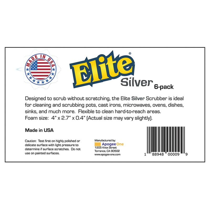 Elite Silver Scrubber Sponge, 6 Pack, Non Scratch, Sponges for