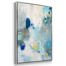 Renditions Gallery Canvas Wall Art Silver Floating Frame Paintings Rustic Blue White Brush Strokes Abstract Wall Hanging Artwork Prints for Office Hotel Bedroom Decorations - 25"x37" LT541