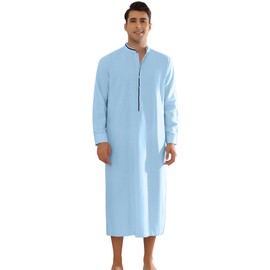 Lars Amadeus Blue Nightgown for Men's Contrast Color Stand Collar Long Sleeves Button Closure Nightshirts XX-Large
