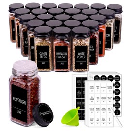 Churboro 66 Spice Jars with 547 Labels- Glass Spice Jars with Black Metal Caps, 4oz Empty Spice Containers with Shaker Lids, Funnel, Chalk Pen, Square Seasoning Bottles for Spice Rack, Drawer, Cabinet