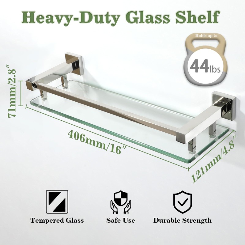 Alise Bathroom Glass Shelf with Stainless Steel Railing, Polished Chrome