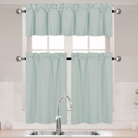 Better Home Style 3 Piece Solid Color 100% Blackout Kitchen Window Curtain Set with Tiers and Valance Solid Energy Efficient Thermal Room Darkening Drape Window Treatment # MKC (Slate Blue)
