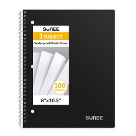 SUNEE Spiral Notebook, 1-Subject, College Ruled Paper, 8" x 10-1/2", 100 Sheets per Notebook, 3-Hole Punched Paper, Water Resistant Cover, Double-sided Pockets, Spiral Lined Notebooks for Work, Black