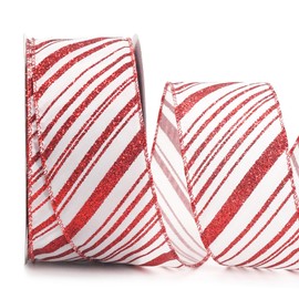 ALTIER 2.5 Inch x 40 Yards White Satin Red Glitter Stripes Wired Ribbon for Christmas Home Decoration Gift Wrapping Bow Making Wreath DIY Crafts