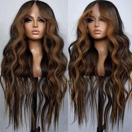 Brown Highlight Lace Front Wigs Long Wavy Wig for Women 13x4x1 T Part HD Lace Wig Pre Plucked Wear and Go Glueless Wigs Natural Hairline Dark Brown Synthetic Heat Resistant Wig Daily Parties Use