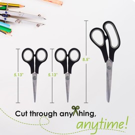 Desk Tech Multipurpose Utility Scissors Set, Stainless Steel Scissors for Home and Kitchen, School Supplies for Arts and Crafts, Black, Pack of 3, 5.13"/5.13"/8.5"