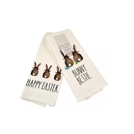 Rae Dunn Easter Bunny Kitchen Towels, Happy Easter & Bunny Bestie Design, White Cotton, 16 x 26 inches, Set of 2