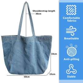 BOZIEE Denim Bag Women's Shopper Large Women's Tote Bag Bag with Zip, Tote Bag Shopping Bag for School Work Office Travel Shopping Everyday, Lightweight denim