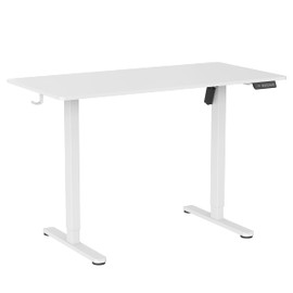 Techni Mobili 47.25” W Electric Standing Desk, Height Adjustable Sit-to-Stand Desk with 3 Memory Presets and Dual Accessory Hooks, Computer Workstation for Home or Office (White)